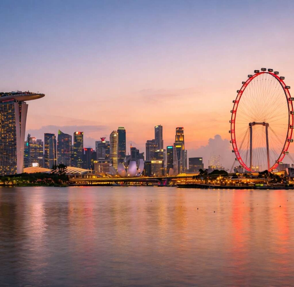 this image shows a view of the marina bay sands and the singapore flyer from the water